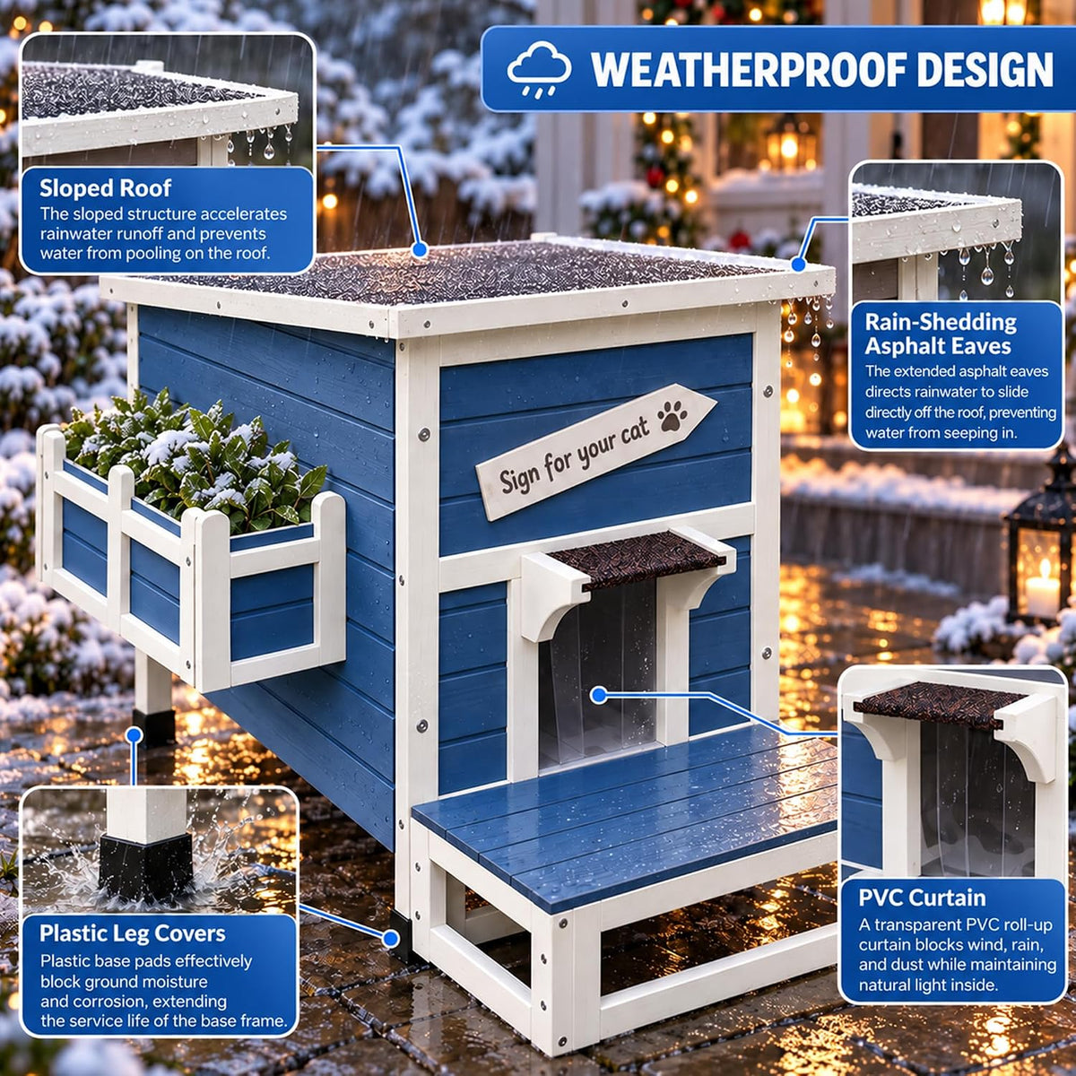 Large Outdoor Cat House with Soft Mat, Wooden Feral Cat Shelter – Essentials for Cats - Blue - image 4