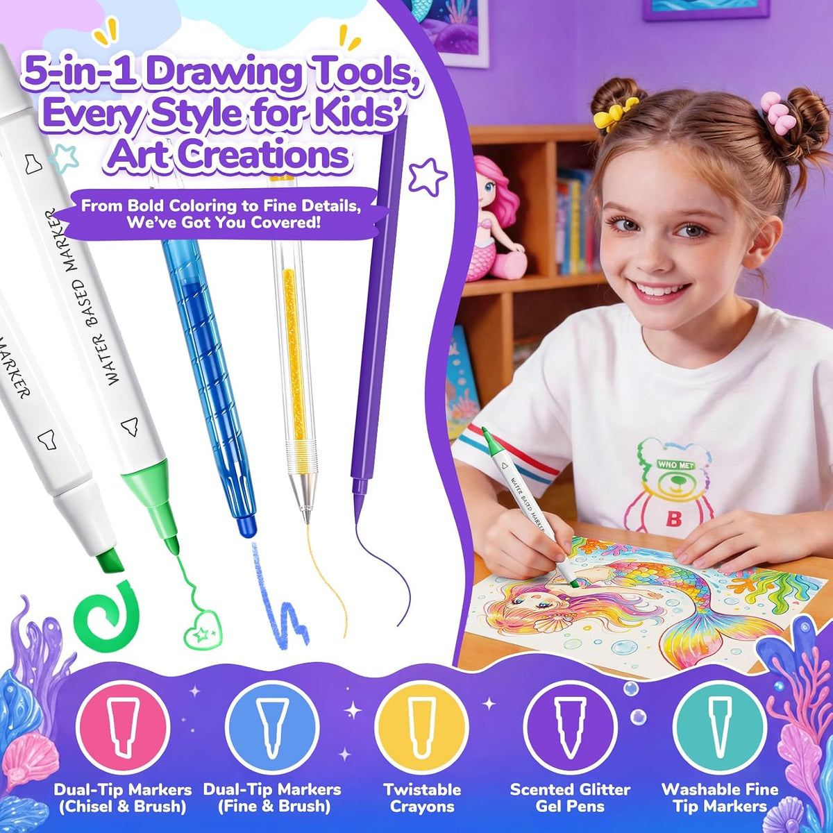 DreamyCandy 70 Pcs Washable Markers Set for Kids 4-8 - Purple Mermaid - image 4