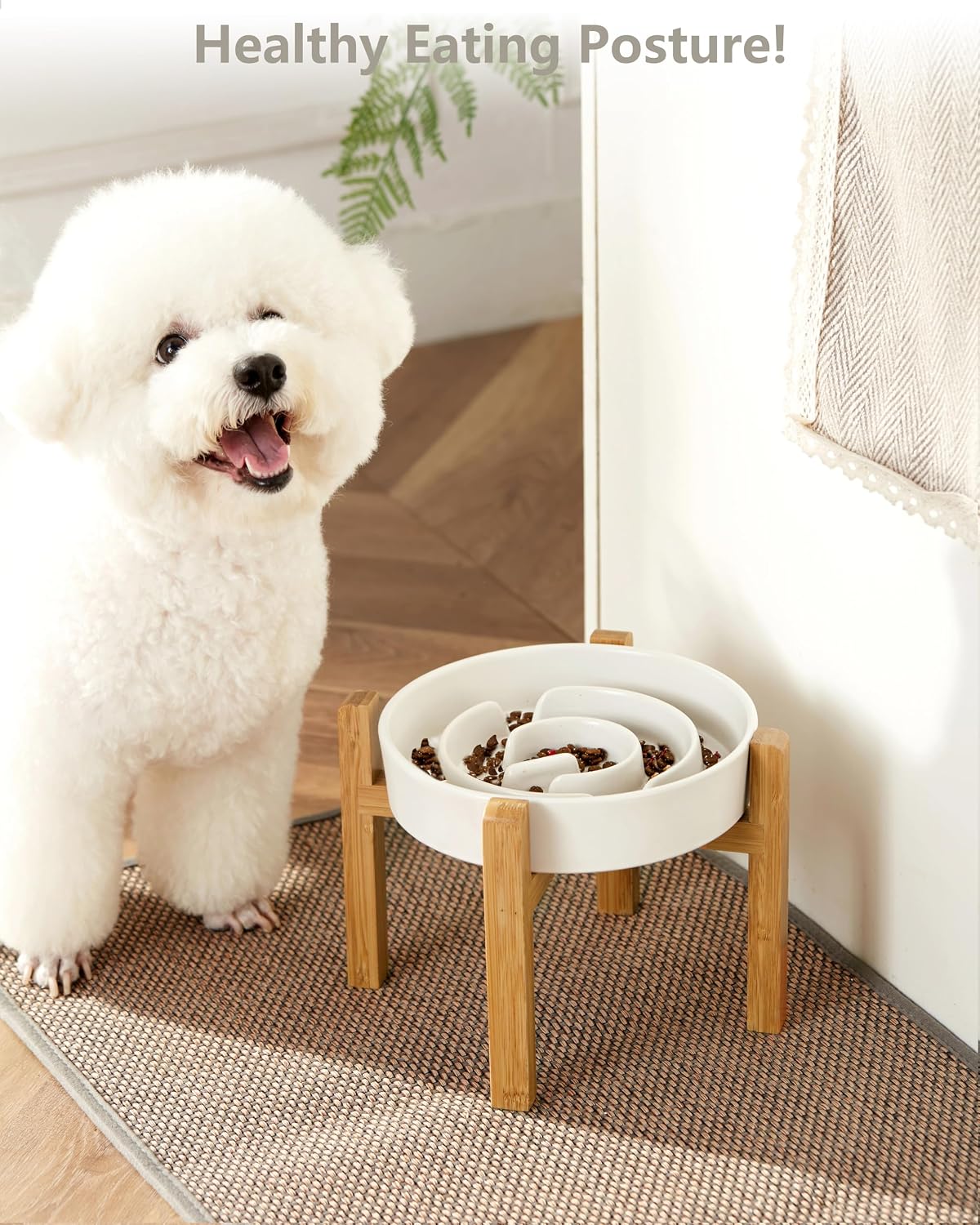 Ceramic Slow Feeder Dog Bowls - White + Stand / 8 Inches - image 2