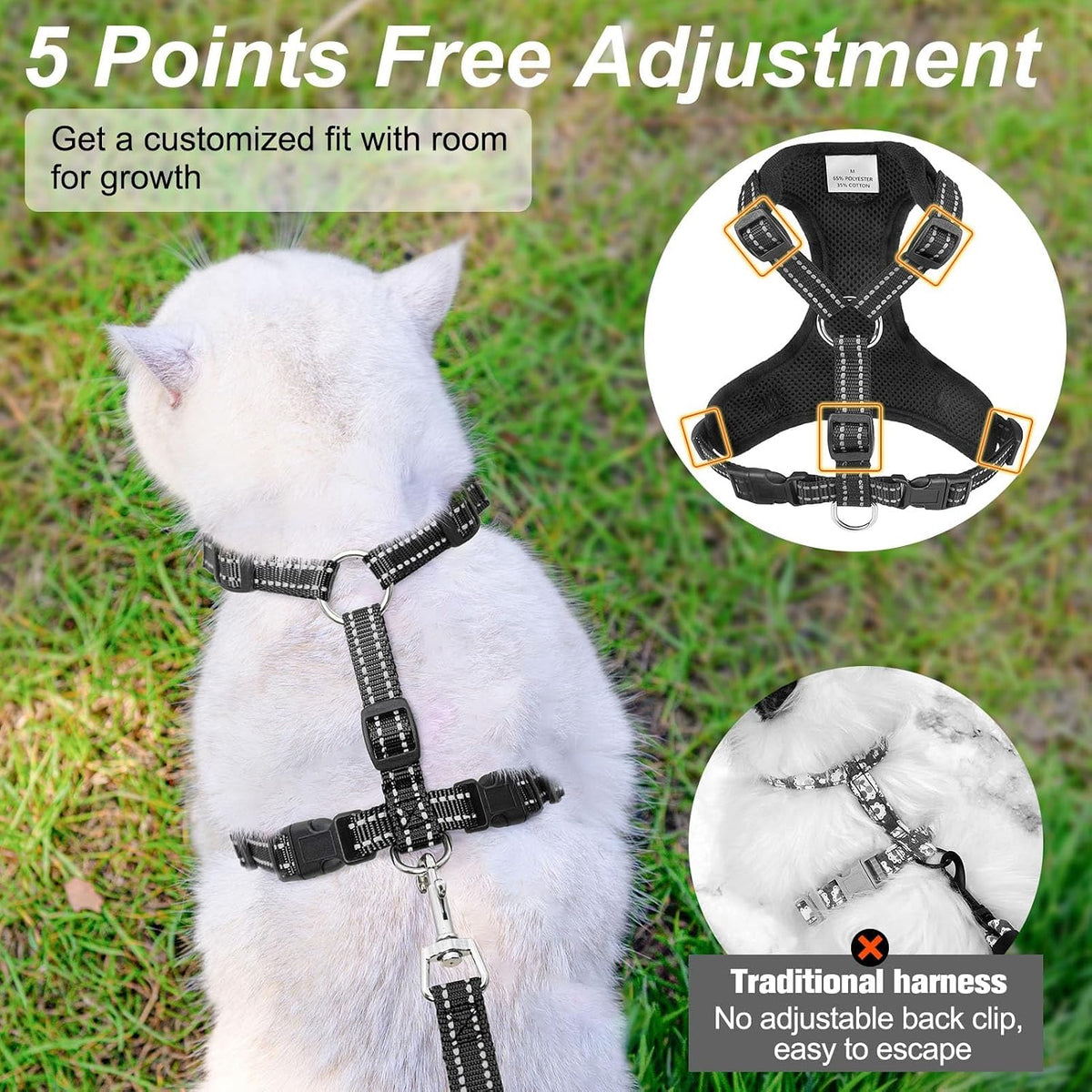 Cat Harness and Leash Set, Escape Proof and Adjustable - Black / S (Chest: 11 - 16") - image 4