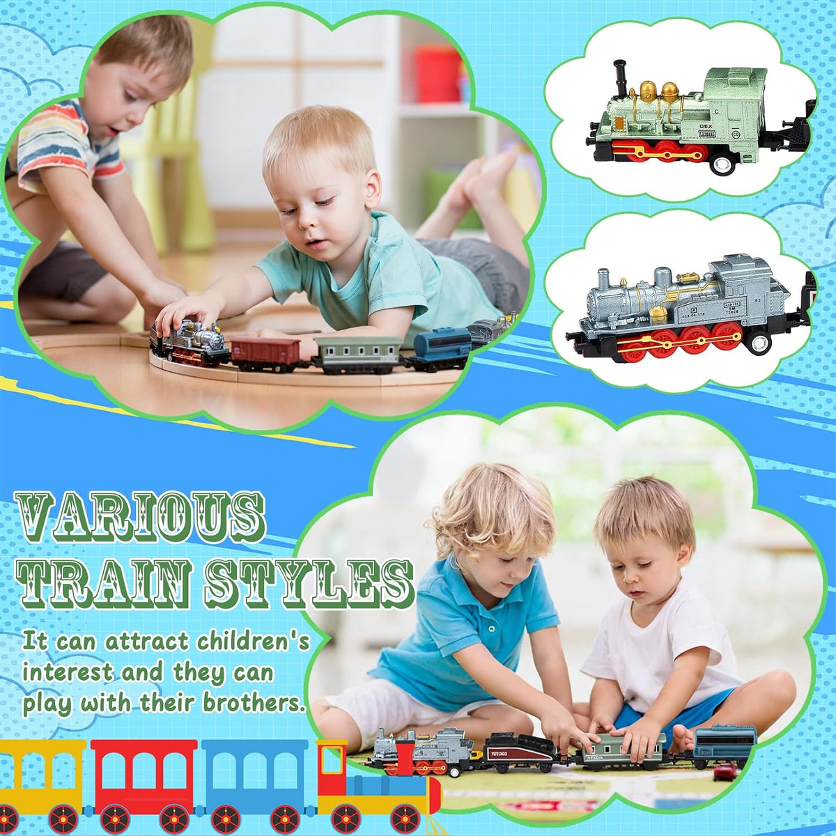 Hanaive 2 Set Train Toys Small Pull Back Train Steam Locomotive - Blue,green - image 4