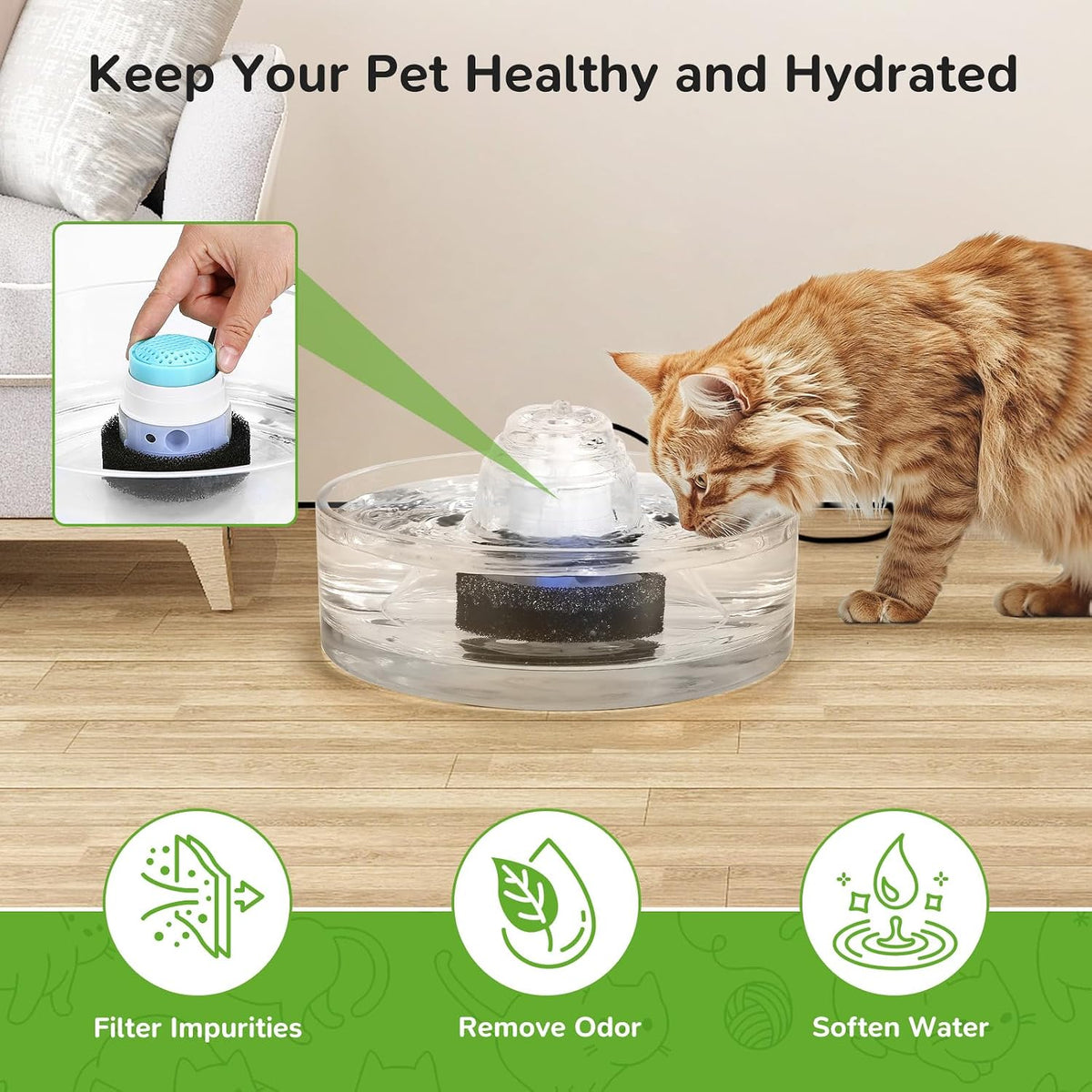 Upgrade 2.2L/78oz Ceramic Pet Fountain - Glass filter-6+6 sets - image 4