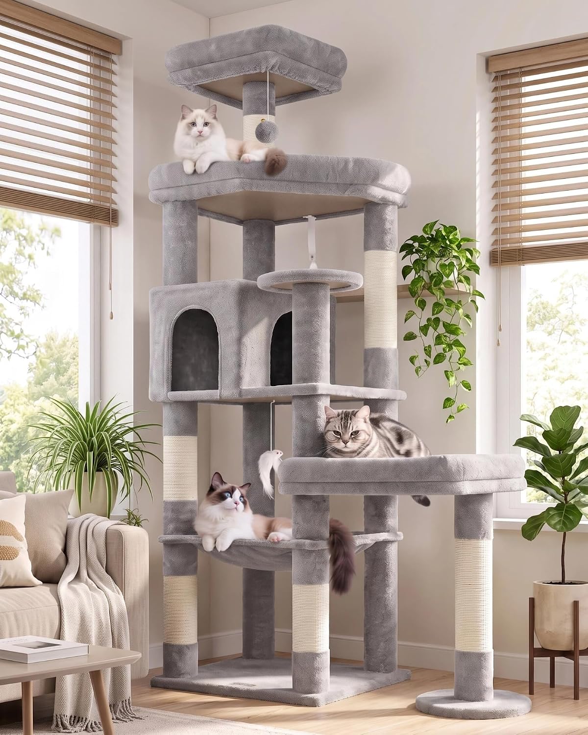 Globlazer 65in Sturdy Cat Tree Tower for Indoor Large Cats, S65 - 65inch / Light Grey