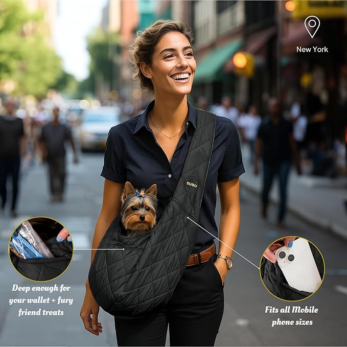 Small Dog Carrier Sling Bag – Hands-Free up to 10 lbs -10.5″ Deep Pouch, Dual Snap-Clip Closure + Drawcord, 4″ Padded Strap, Safety Tether, Zipper Pockets, Machine-Washable