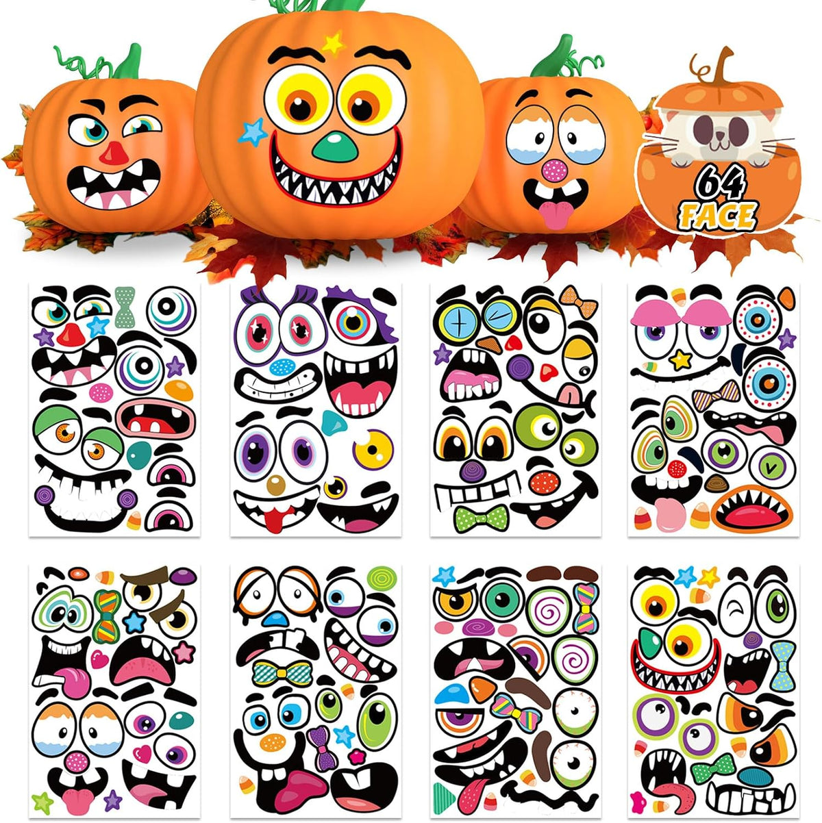 DUJAA large pumpkin face stickers with eyes, mouths and eyebrows for Halloween