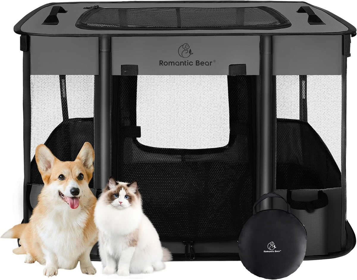 ROMANTIC BEAR Dog Playpen, Foldable Pet Puppy Cat Playpen, L - Grey / Medium(31"x23"x21")
