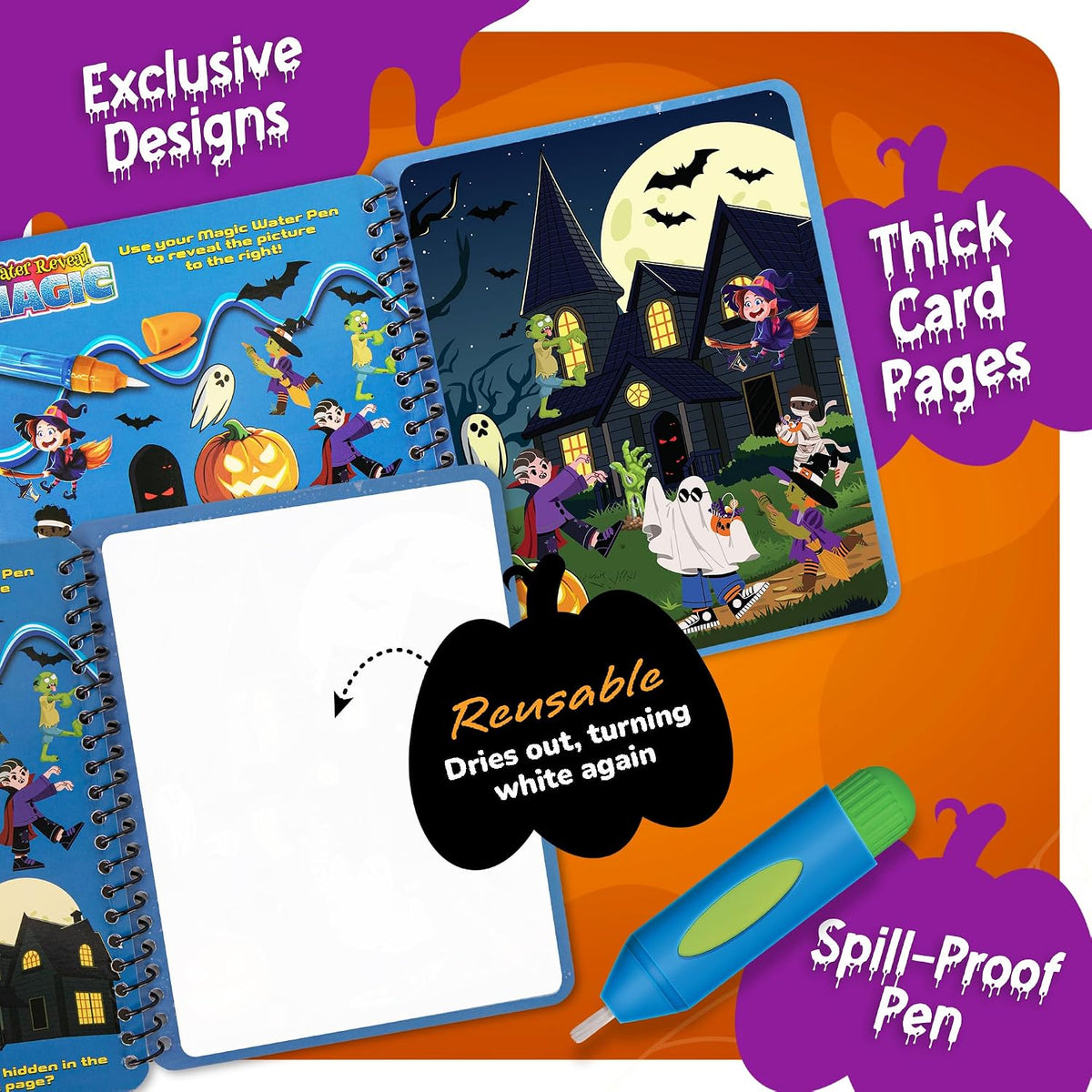 ArtCreativity Halloween water coloring books 4 pack with pumpkins, ghosts and bats and water pens - view 3