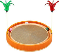 20-Inch Round Cat Scratcher with Ball Track – 3-in-1 Cardboard Cat Scratching Pad with Feather Toys, Non-Slip Base – Interactive Cat Toy for Indoor Cats, Kitten Scratch Play Lounge Board (Orange)