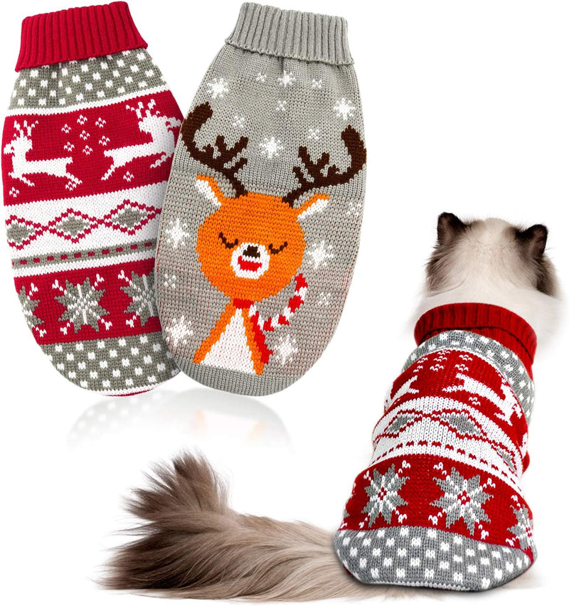 HYLYUN Cat Christmas Sweater 2 Packs - Grey and Red (Pack of 2) / Small