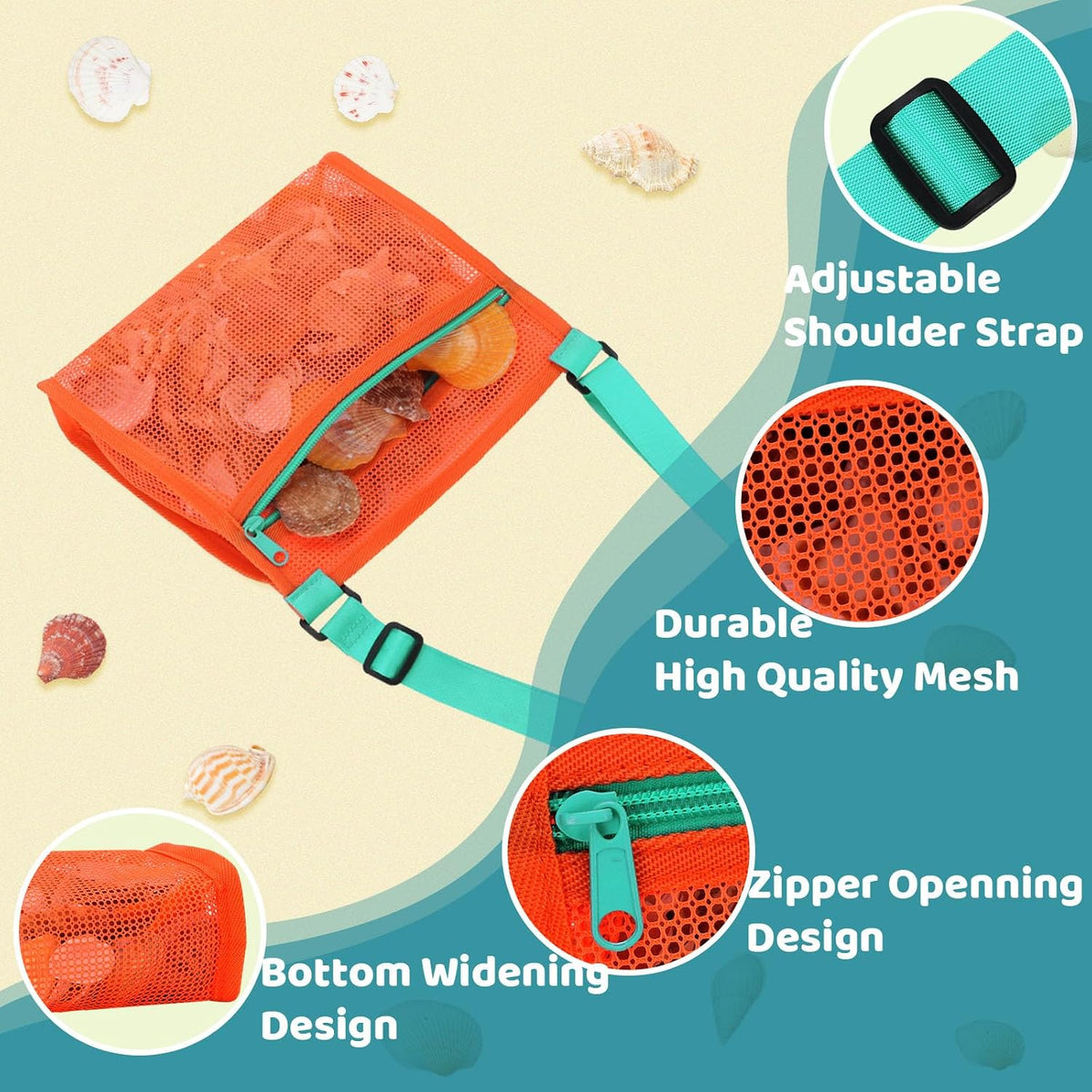 MUYIZI Mesh Beach Bag for Shells Collecting 3 Pack - Orange+Green+Pink+Yellow - image 3