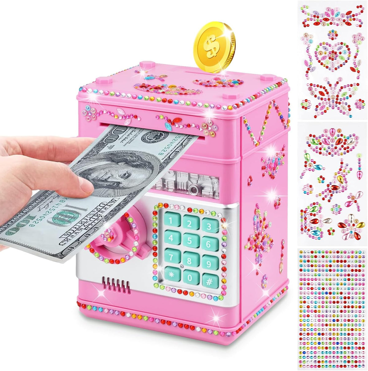 Piggy Bank for Kids Girls Boys with Password Code Lock Cash Coin Can - Pink