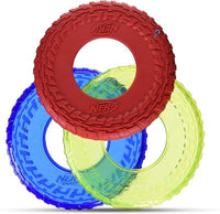 Nerf Dog Tire Flyer Dog Toy Gift Set, 10 Inch Flying Disc Dog Fetch Toys, Rubber Dog Toy for Medium Dogs and Large Dogs, Red, Translucent Green and Translucent Blue, 3 Count