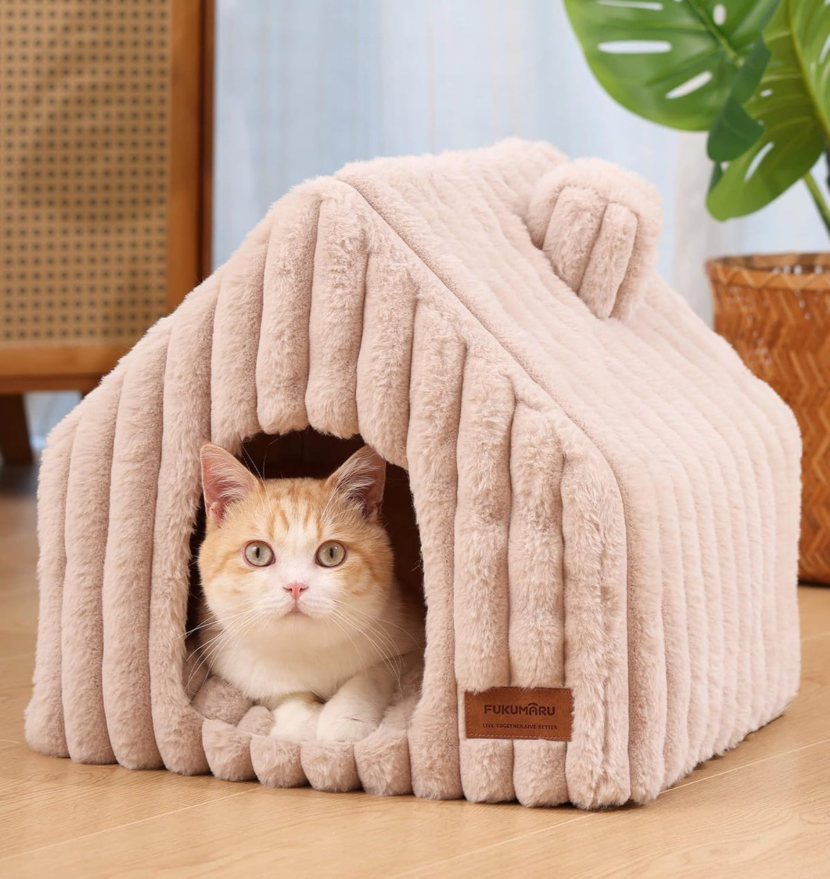 FUKUMARU Cat Bed Cave, Enclosed Washable Covered Dog Bed with Support Frame – Essentials for Cats - Pink Beige / 15 Inch (Cats up to 12 lbs, Dogs up to 7 lbs)