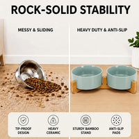 SPUNKYJUNKY Ceramic Dog and Cat Bowl with Wood Stand Non-Slip Matte - 3.6 cups / Morandi Green × 2 - image 3