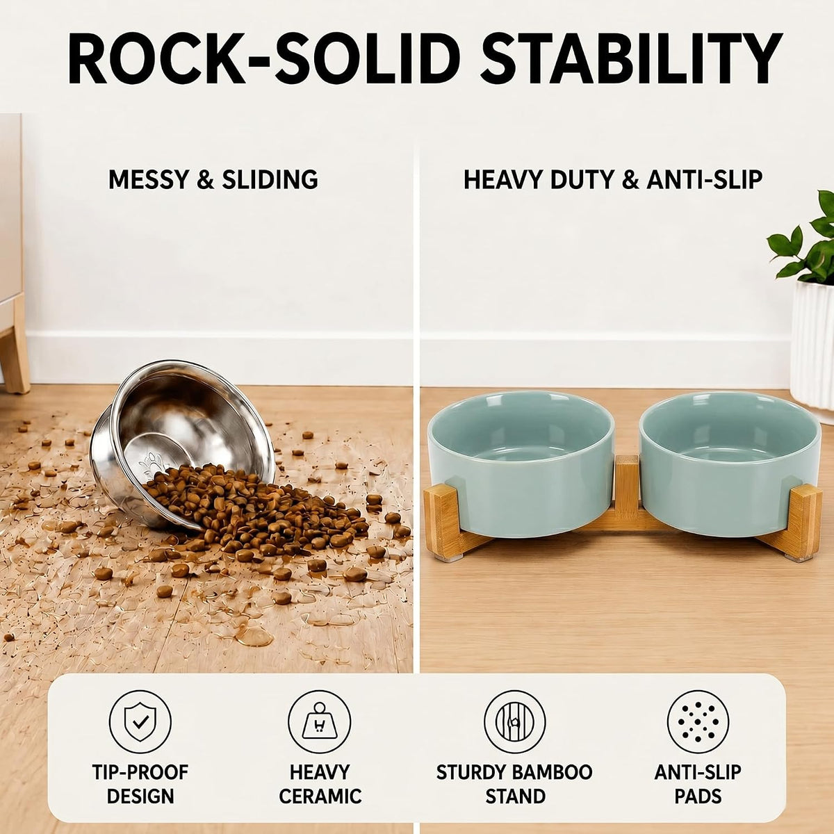 SPUNKYJUNKY Ceramic Dog and Cat Bowl with Wood Stand Non-Slip Matte - 3.6 cups / Morandi Green × 2 - image 3