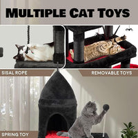 Large Cat Tree Tower for Large Cats, Cat Scratching Post, Self Grooming Post, Interactive Cat Toys, Oversized Perch and Basket, Heavy Duty 72", Black and Red