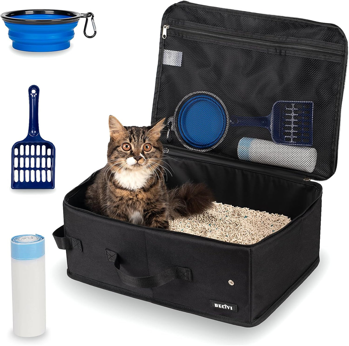 Portable Cat Travel Litter Box with Lid and 10 Pcs Disposable Liner - BLACK
