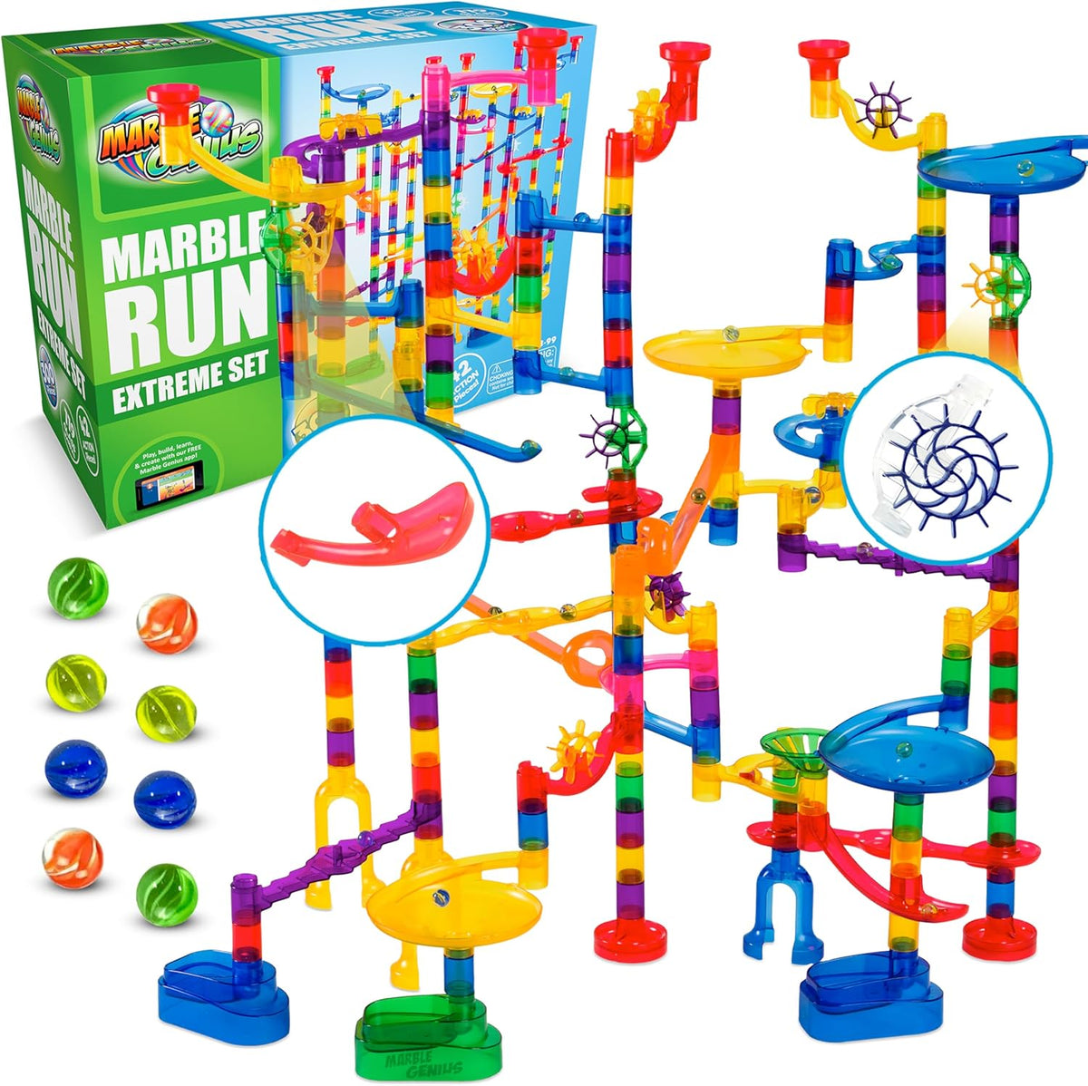 Marble Genius Marble Run Super Set, 150 Translucent Pieces - 300 Pieces - Extreme Set