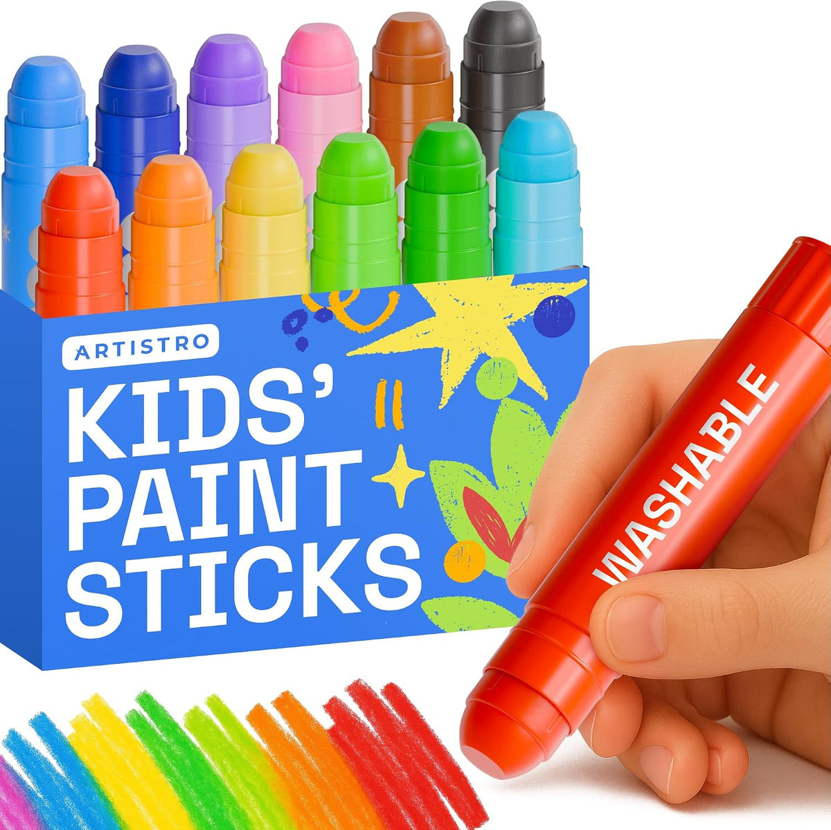 ARTISTRO 100% Washable Tempera Paint Sticks for Kids - 12 Colors