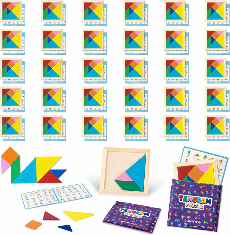 BONNYCO Tangram Puzzle Wooden Pack 30 Mini Games of Party Favors - 30 Pack