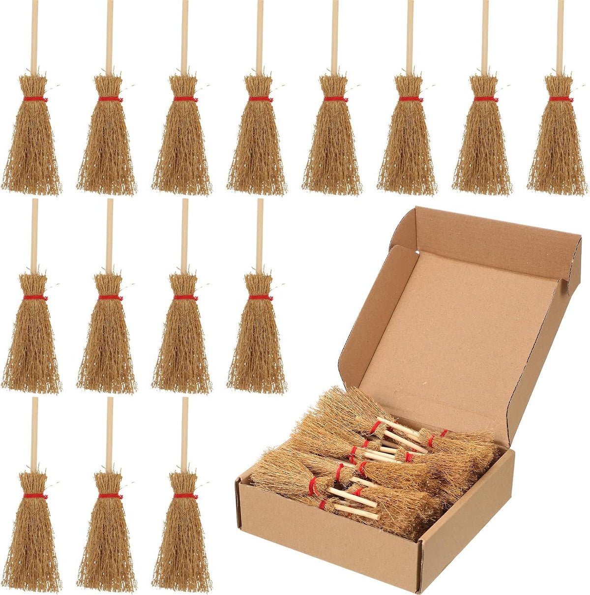 Cindeer mini witch brooms with straw heads, wooden handles and red rope ties