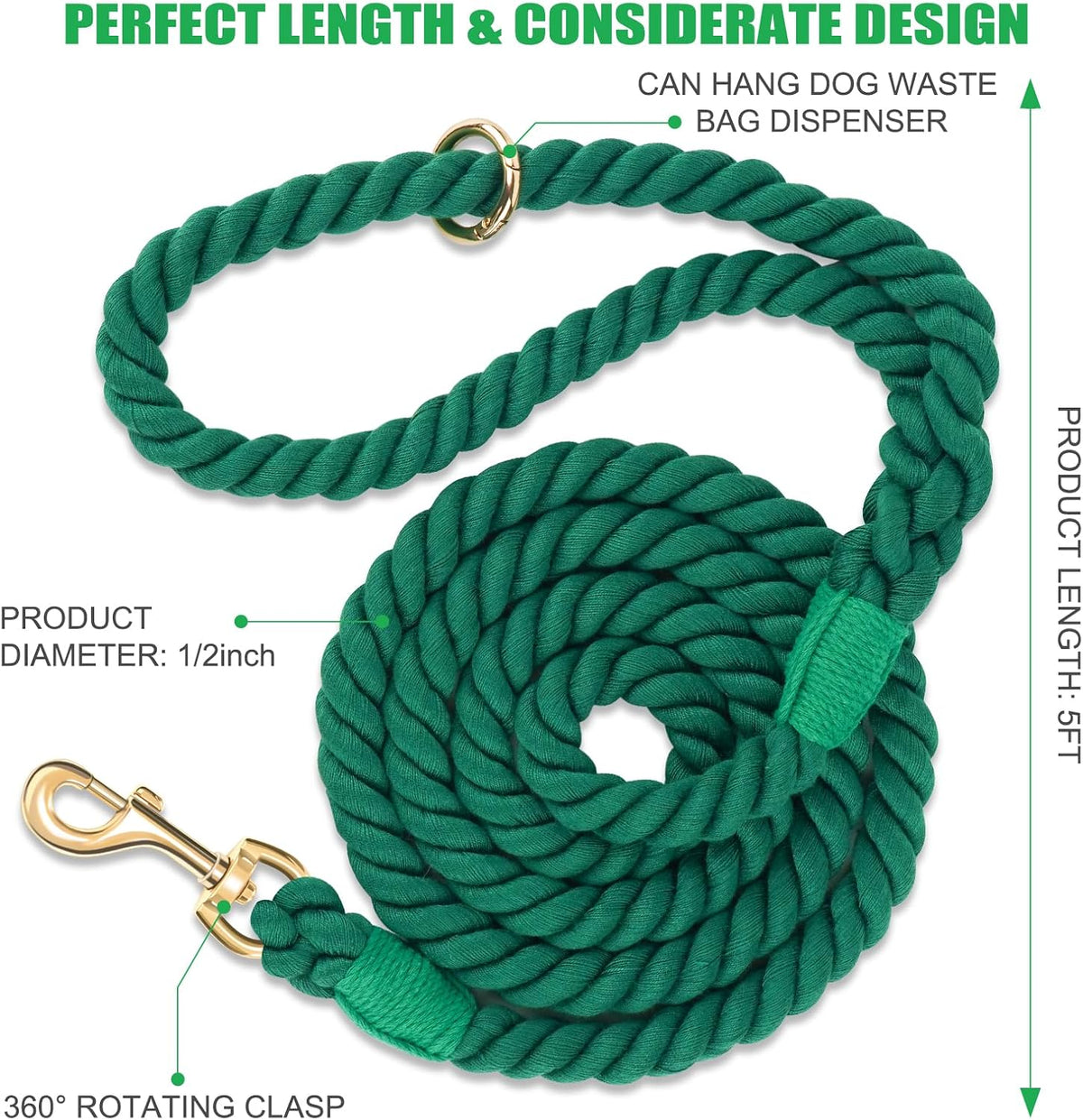 5 FT Handmade Rope Dog Leash for Small Medium and Large Dogs – Essentials for Dogs - 5FT x 1/2in (Pack of 1) / Dark Green - image 2