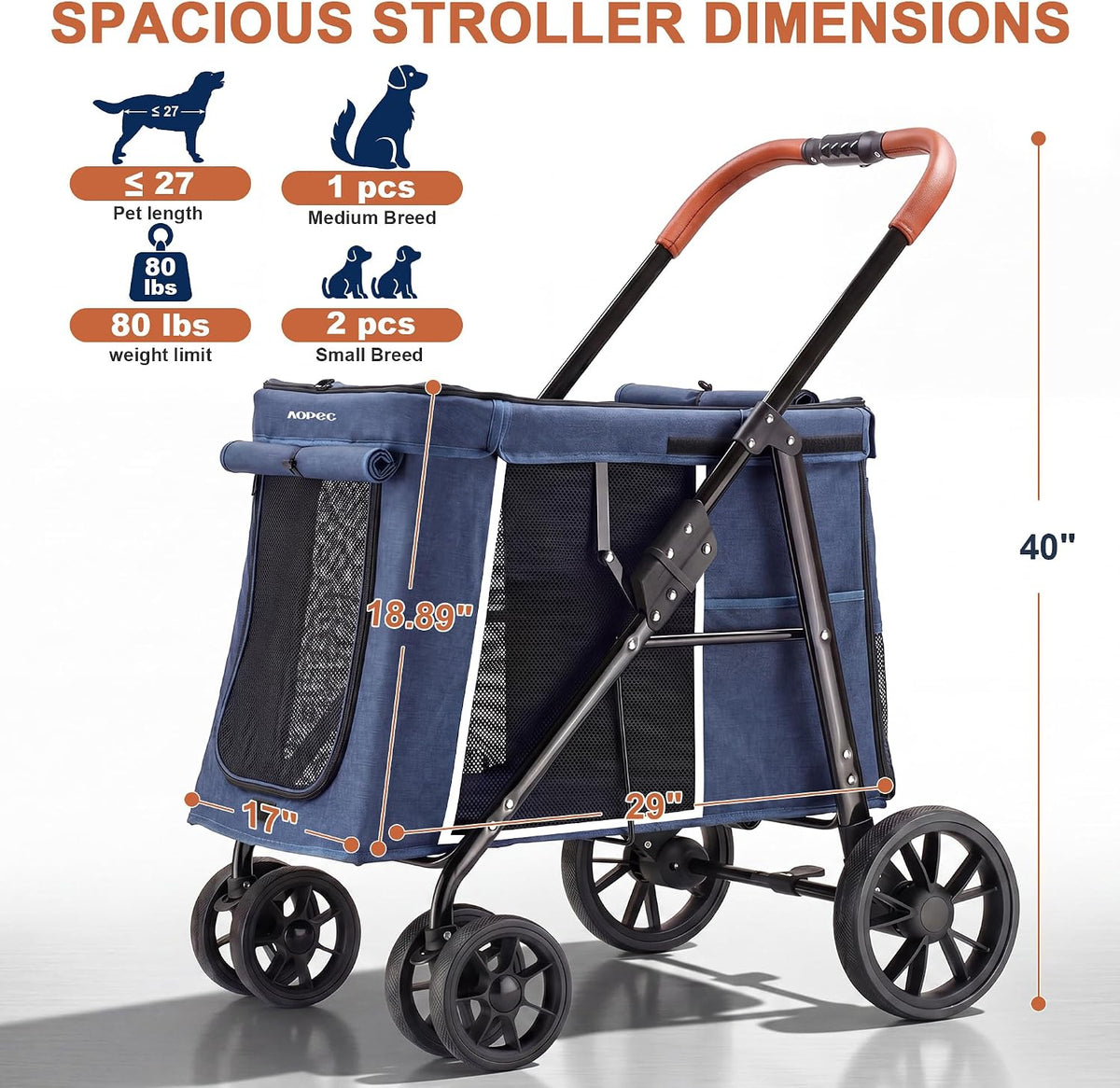 Medium Dog Stroller, Dual Entry One-Touch Folding - Blue - image 2