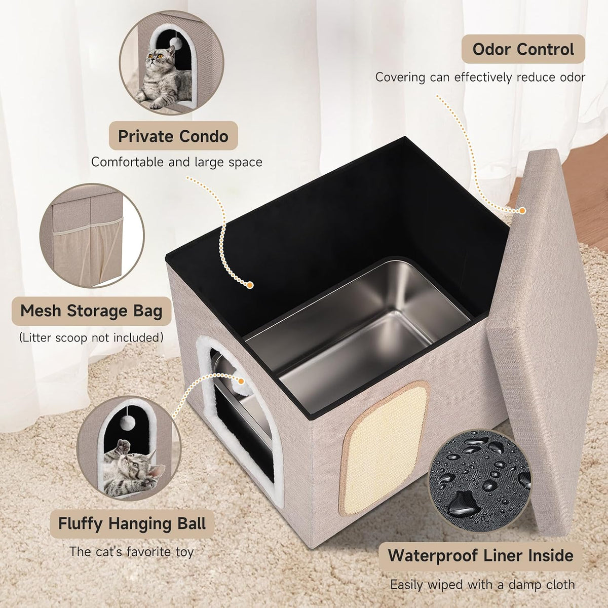 Shikha Hidden Cat Litter Box Enclosure with Scratch Pad & Storage Bag - Beige - image 3