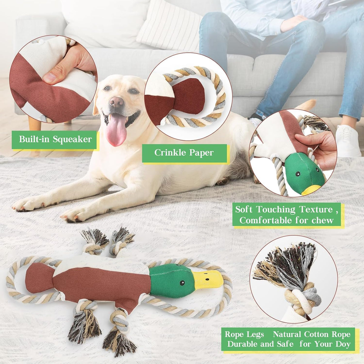Letsmeet Plush Dog Toy with Crinkle Paper and Ropes - Brown - image 2