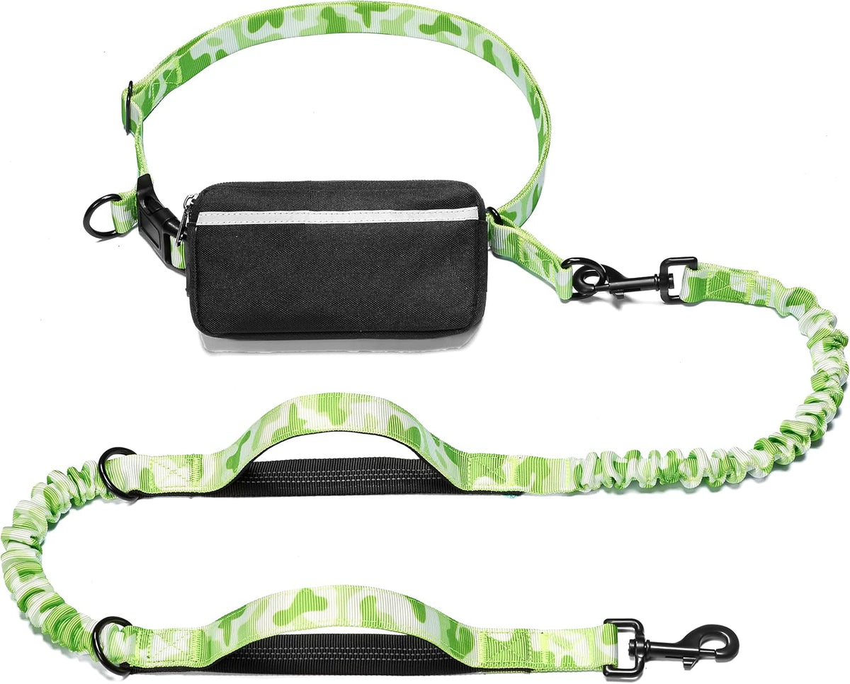 Hands Free Dog Leash with Zipper Pouch - white-green mix / Large