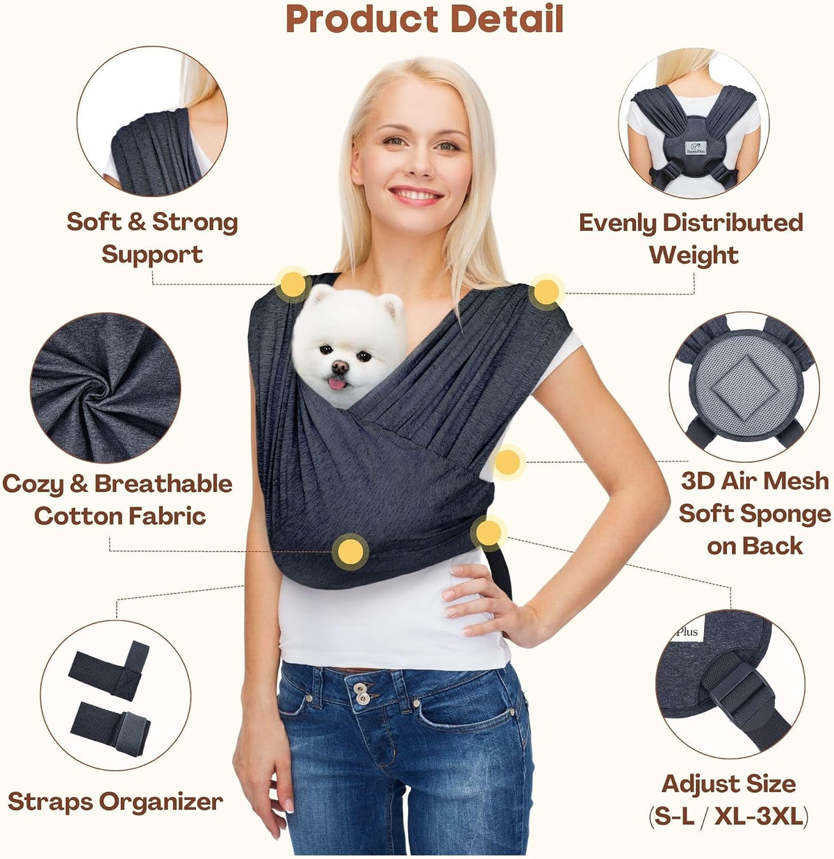 Small Dog Sling Carrier, Hands-Free - Charcoal Black / Plus - image 3