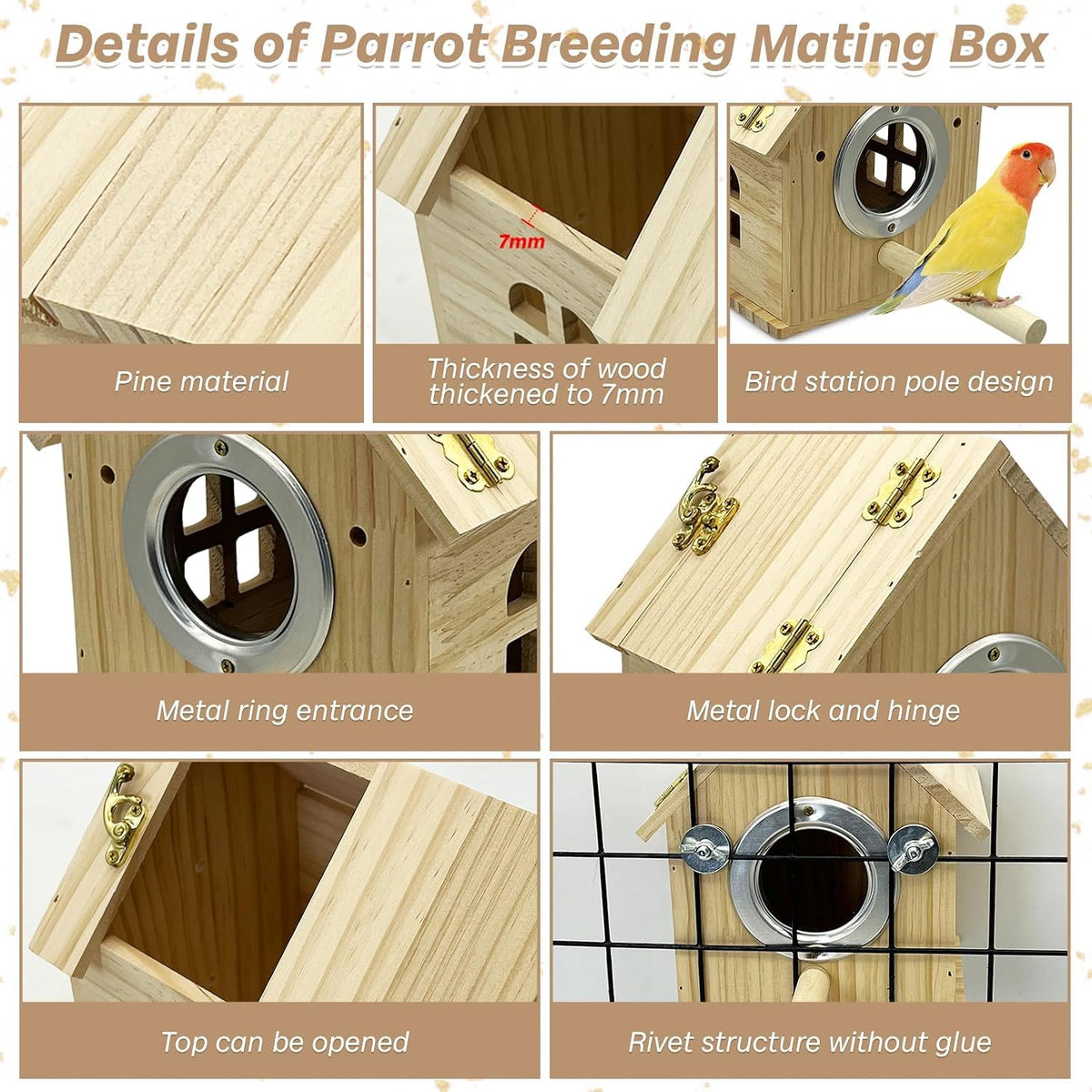 PINVNBY Parakeet Nesting Box Bird House for Cage Wood Mating Box Bird - Wood House Shape,M: 7.91*6.3*5.82 inch - image 3