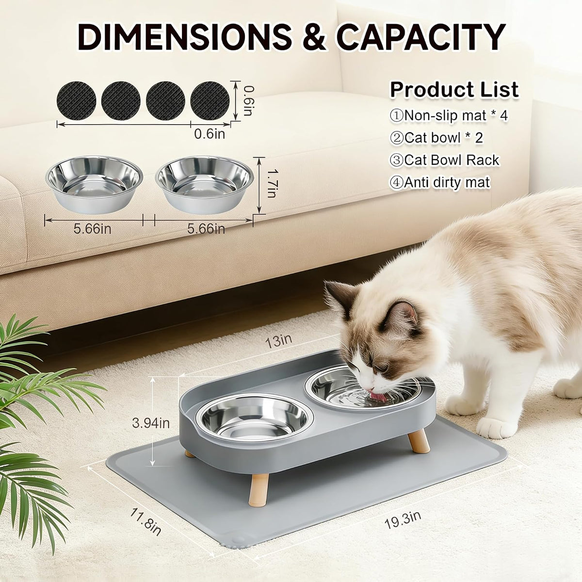 Elevated Cat Bowls with Food Mat - Grey - image 4