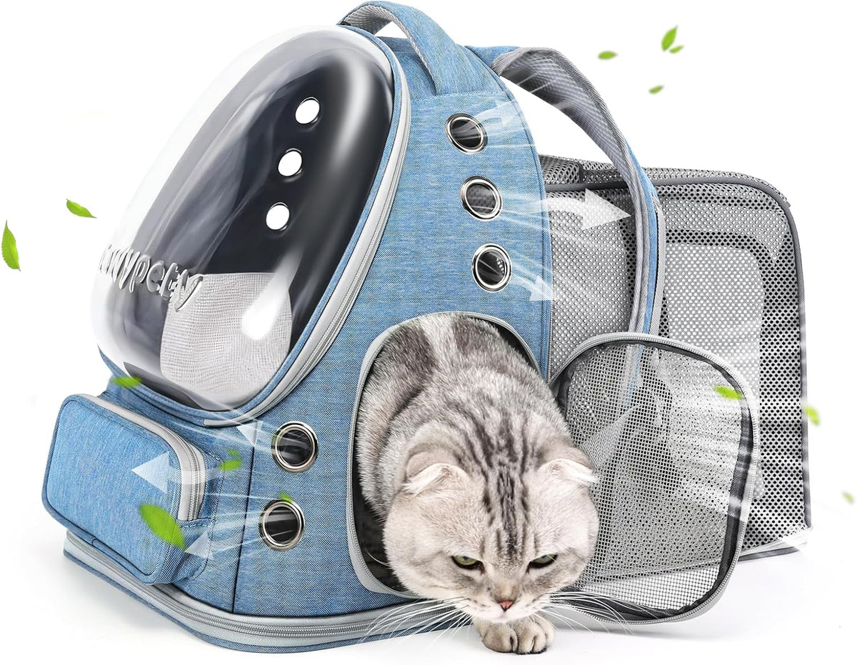 Cat Backpack Carrier, Breathable Cat Carrier Large Space Bubble Pet Backpack for Kitty Small Dog up - Square Expandable- Blue