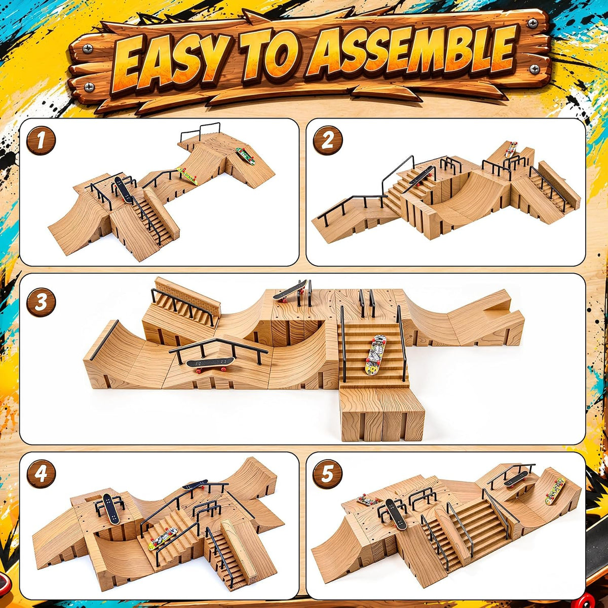 CS COSDDI 14in1 Finger Skateboard Park Set for Kids 8 Skateboards - Light Brown - image 2