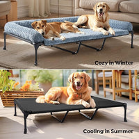 Veehoo Cooling Elevated Dog Bed Add Removable Deluxe Rose Plush Bolster Cushion Mat, 59" x 37" Washable Dog Couch Bed, Raised Pet Cot with Breathable Teslin Mesh, No-Slip Feet, Haze Blue, CWC2439B