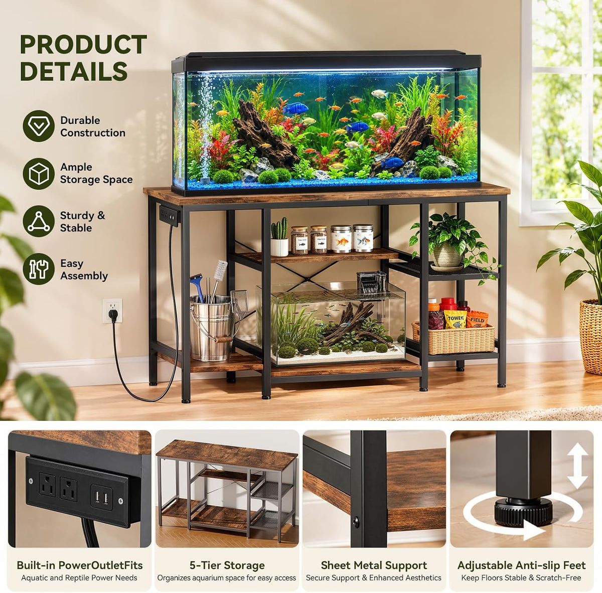 5-10 Gallon Fish Tank Stand with Storage Shelves - Rustic Brown / 55-75 Gallon-3 Tier - image 4