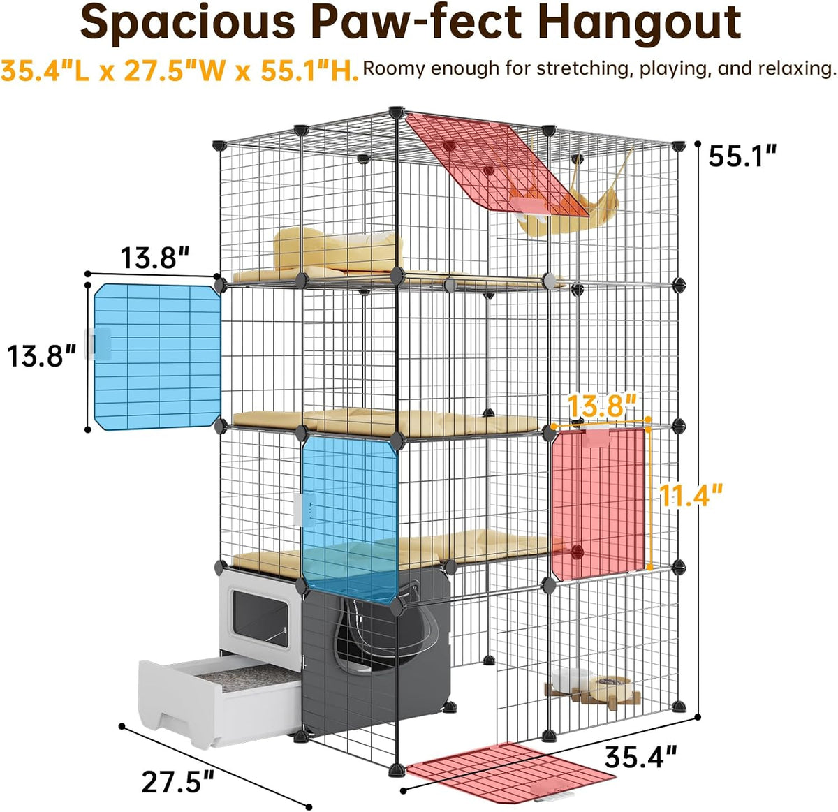 Cat Cage with Litter Box, 4-Tier DIY Enclosures Detachable Metal Wire Kennel Catio Indoor Crate - image 3