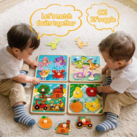 Wooden Toddler Puzzles - 4 Pcs Eco-Friendly Animal Patterns Jigsaw With Handles - Infant Kid Fine - Style A - image 4