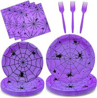 Gistome 96-piece Halloween spider web tableware set with plates, napkins and forks - view 2
