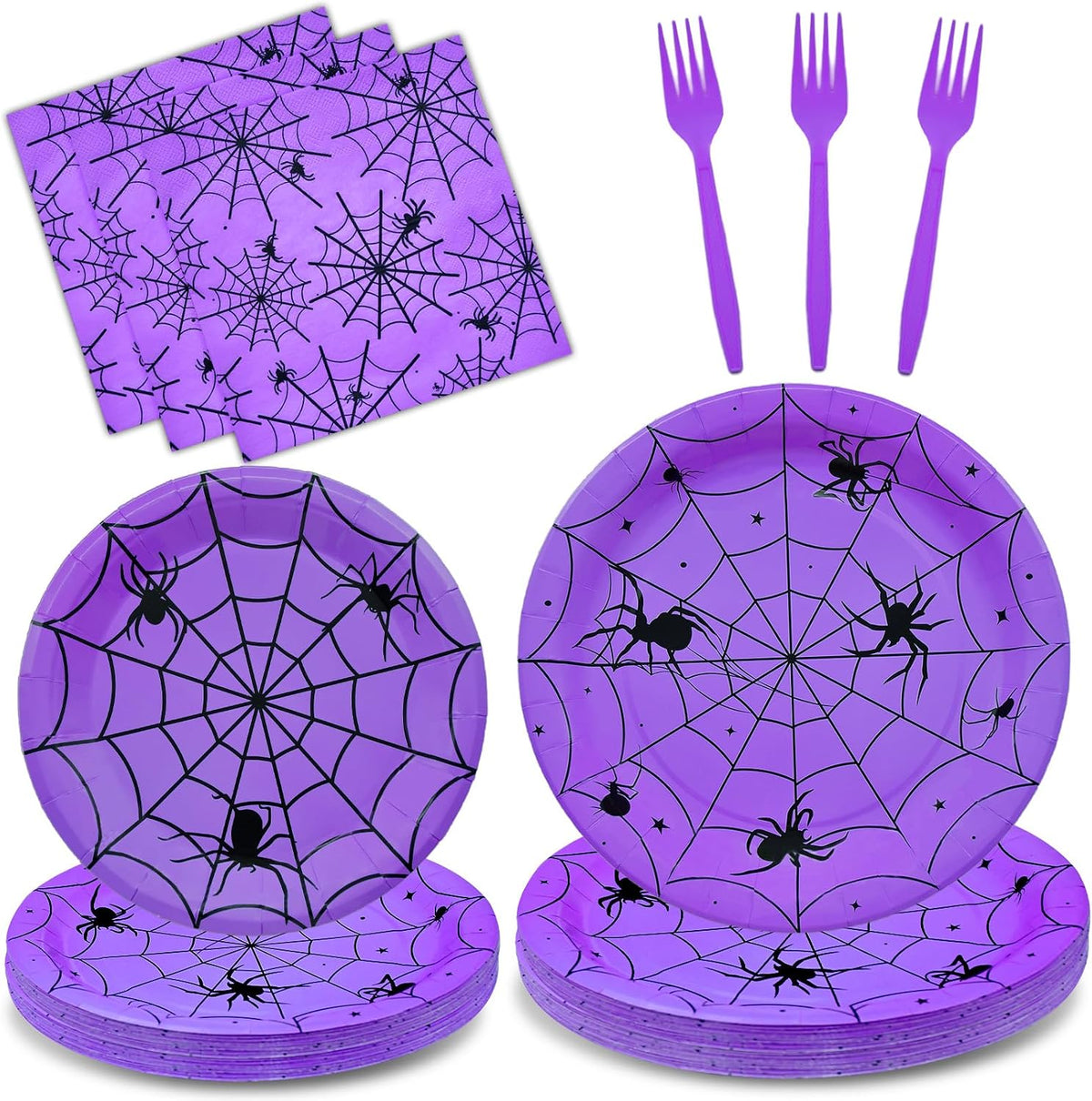 Gistome 96-piece Halloween spider web tableware set with plates, napkins and forks - view 2