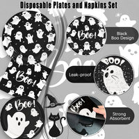 yunhuatdm 180 piece cute ghost Halloween plates and napkins set, black and white - view 39