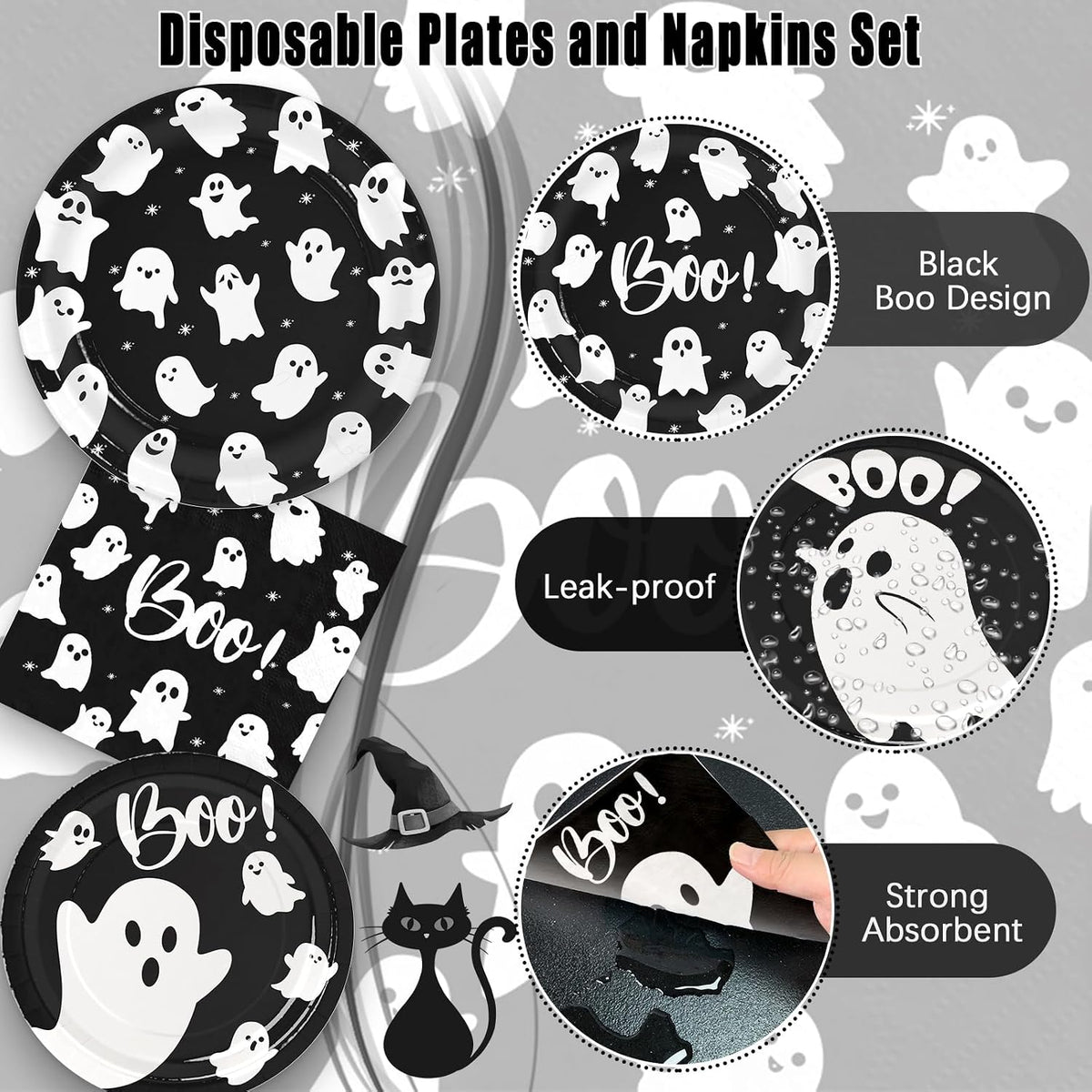 yunhuatdm 180 piece cute ghost Halloween plates and napkins set, black and white - view 39