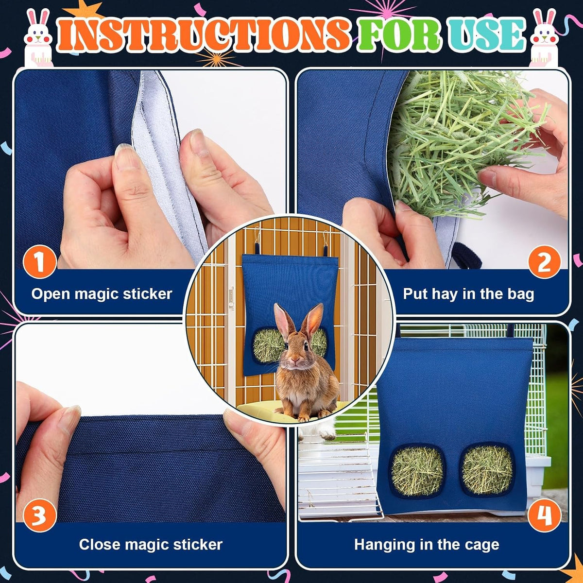 UPINS 2 Pack Guinea Pig Hay Feeder Bag - 28 x 25 cm / Black Dark Blue - image 3
