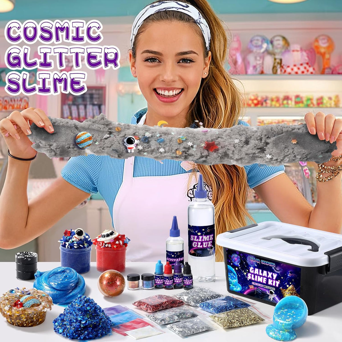 LPFEZRS mini galaxy slime kit with glitter add-ins and glow in the dark stickers - view 8