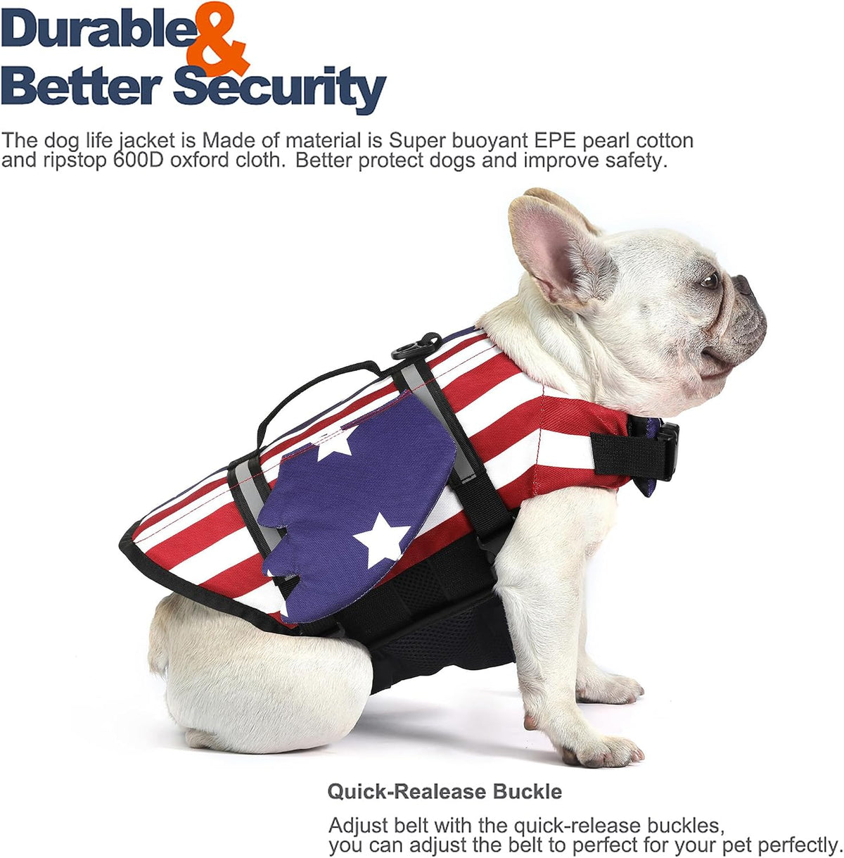Dog Life Jacket, Cute Wings Adjustable Dog Life Vest with Chin Float and Handle for Swimming - Usa Flag / Xs (Chest Girth 11.8"-16.5") - image 3