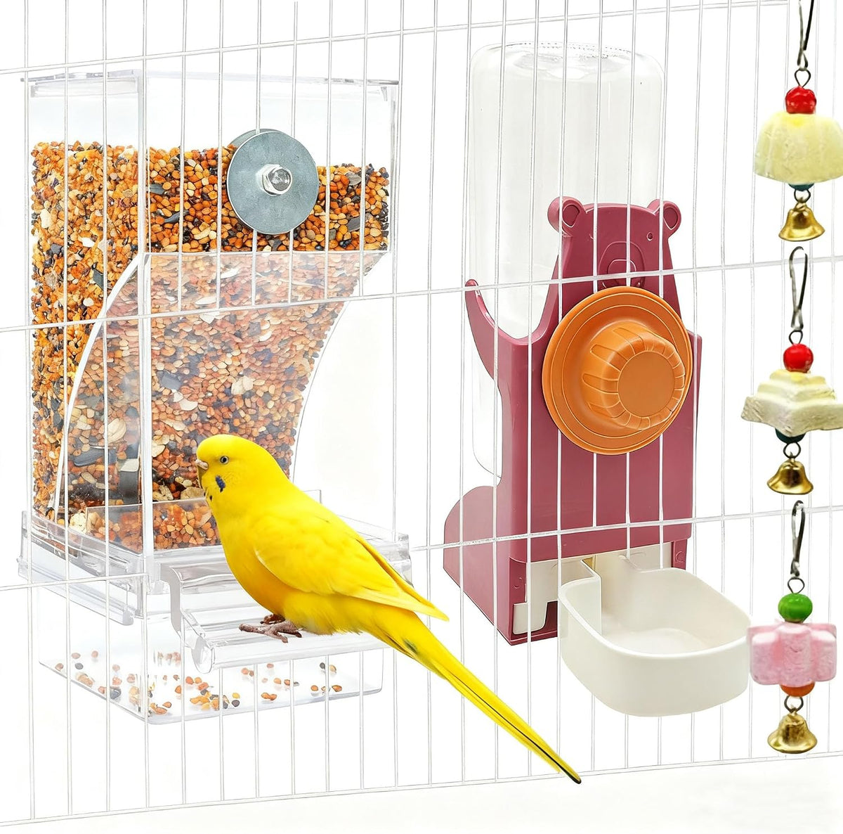 No Mess Bird Feeder for Cage Automatic Small Bird Food Container - Red+Transparent / 2Pcs