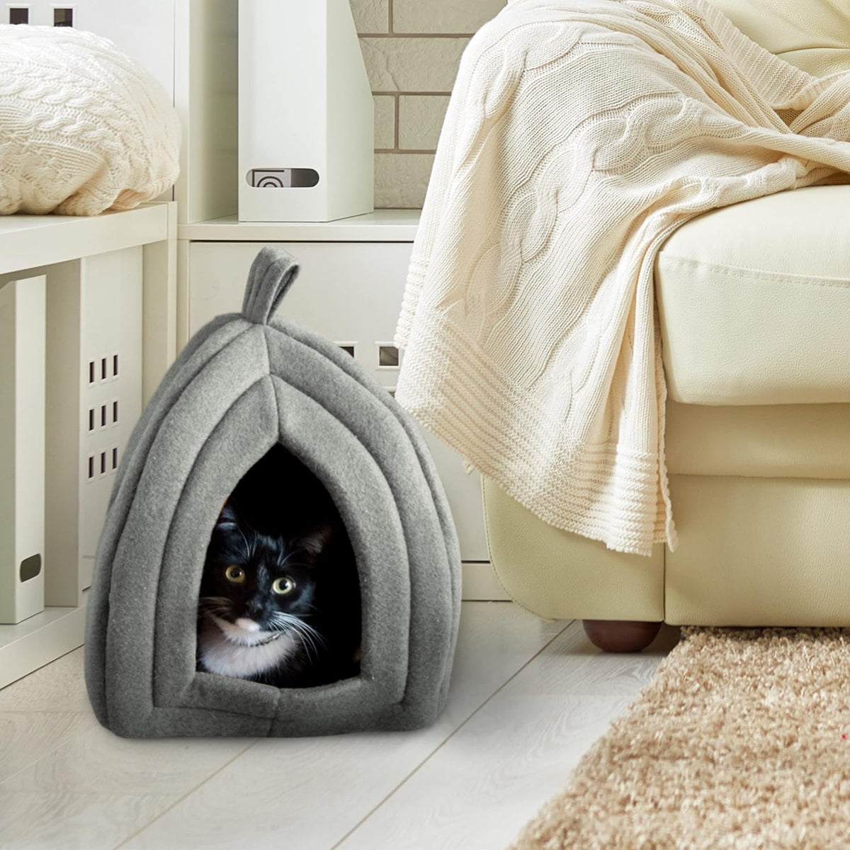 PETMAKER Cat House Indoor Bed with Removable Foam Cushion - Gray / (L) 13” x (W) 13” x (H) 15.75” (Pack of 2) - image 4