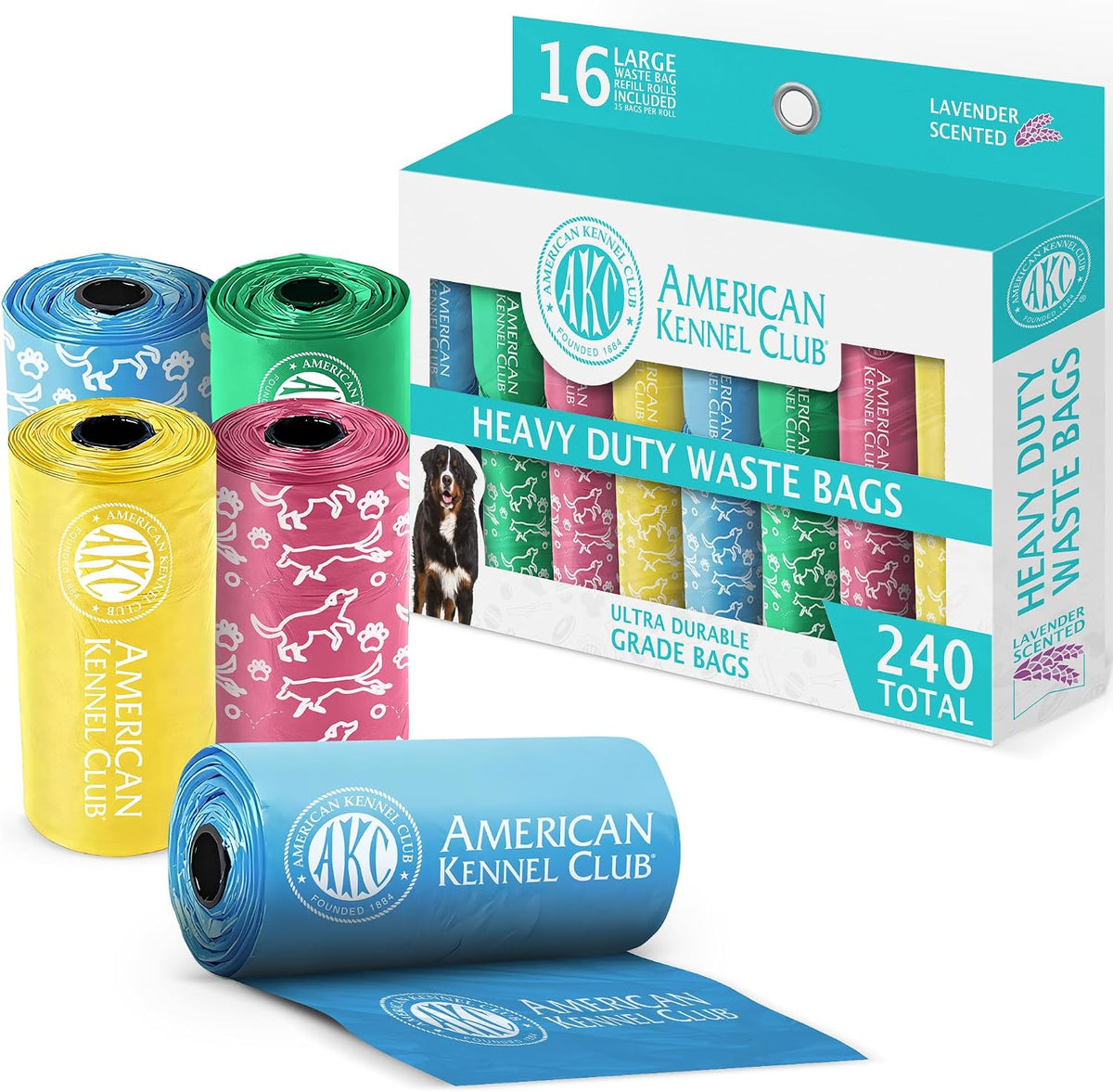 AKC Dog Poop Bags, 16 Rolls, Easy-Tear Bags, Assorted Colors - Lavender Scented / 240 Count