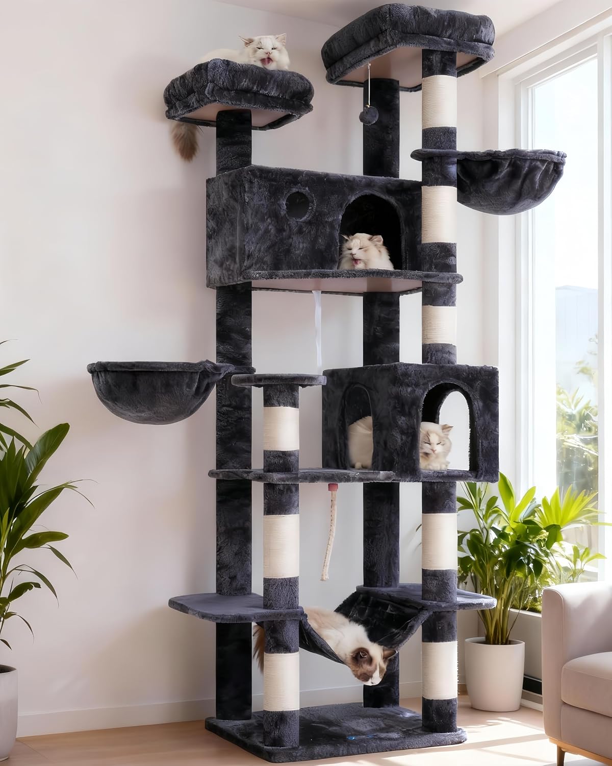 Cat Tree, 74" Tower for Large Cats, Big Condo & Hammock GCT030G – Essentials for Cats - 80.7'' / Smoky gray